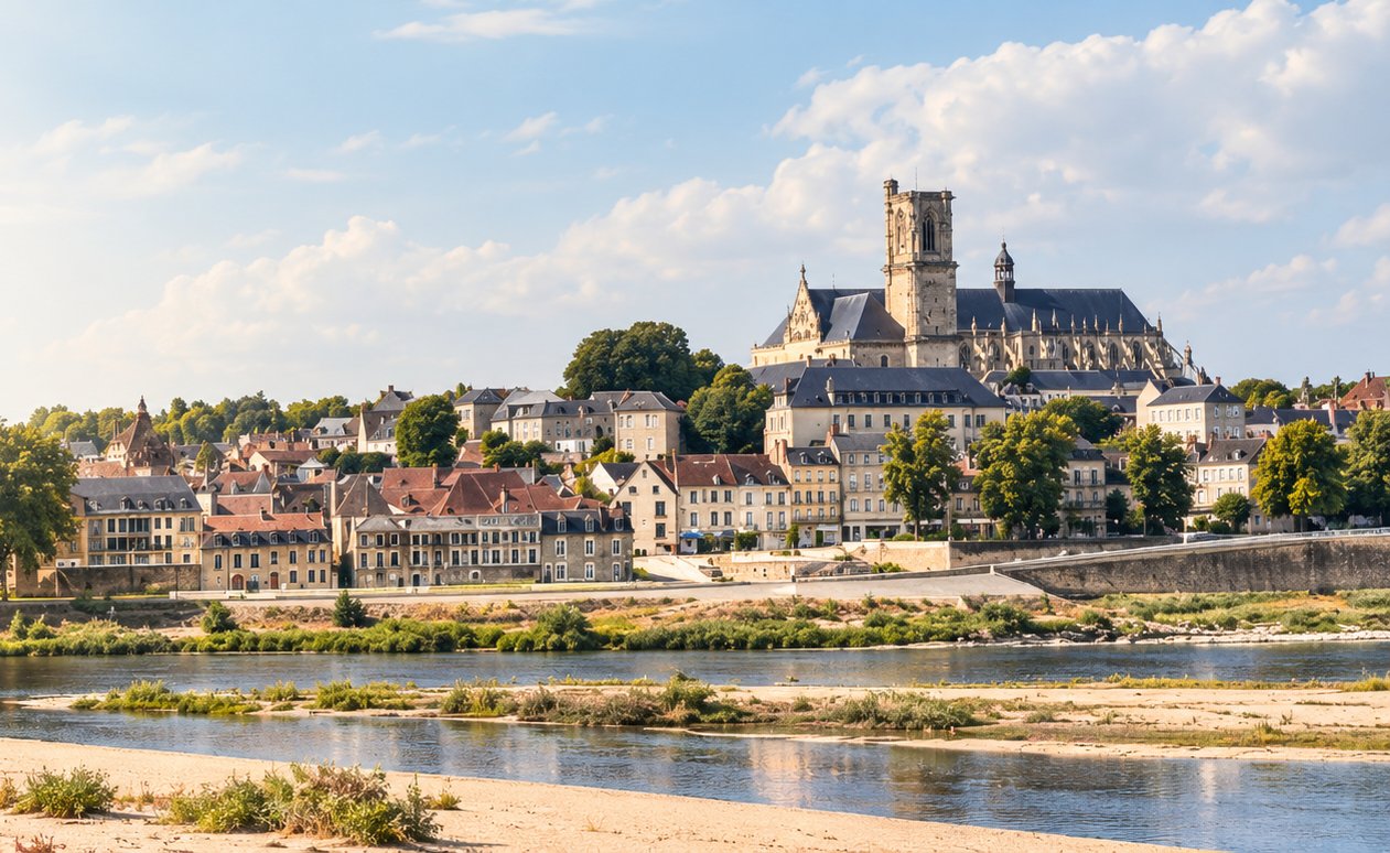 Nevers, la cathédrale et la ville vues des bords de Loire